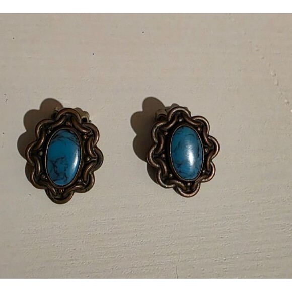 Vintage Bell Trading Post Signed Copper Faux Turquoise Clip On Earrings - Picture 2 of 5